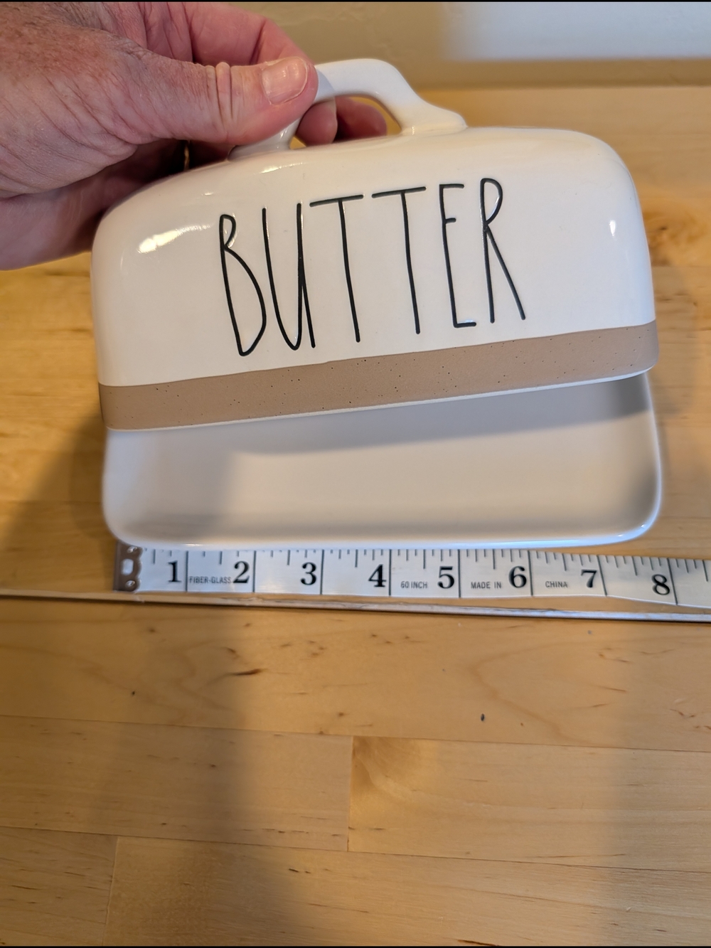 Rae Dunn White Butter Dish with Tan Band